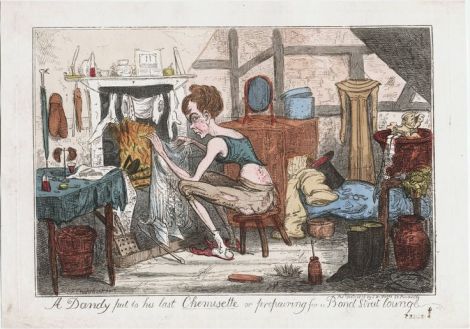 "A dandy put to his las chemisette, or, Preparing for a Bond Street lounge".Isaac Robert Cruikshank, 1818